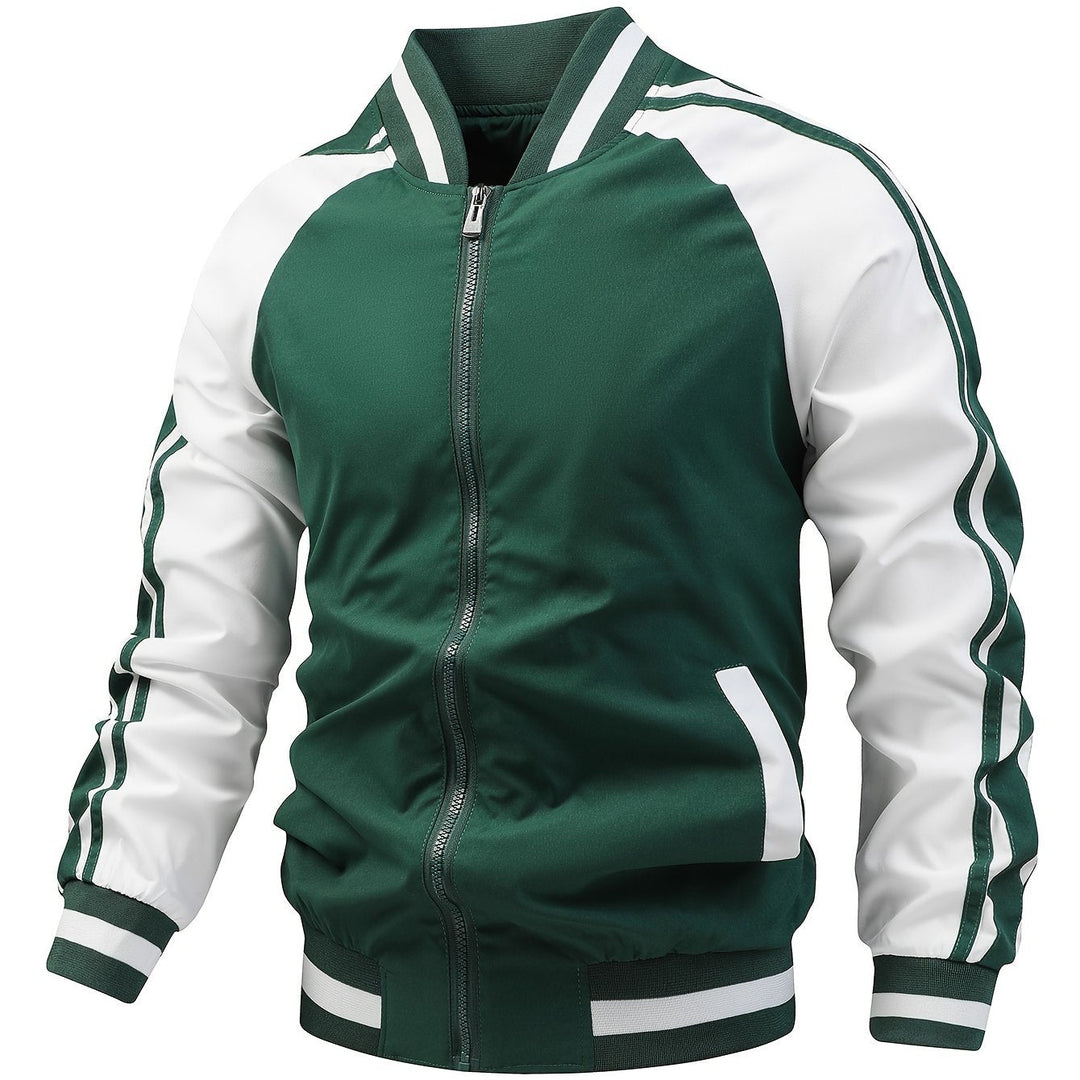 Dit heren jack combineert comfort met retro design: bomberstijl met strepen en rits.