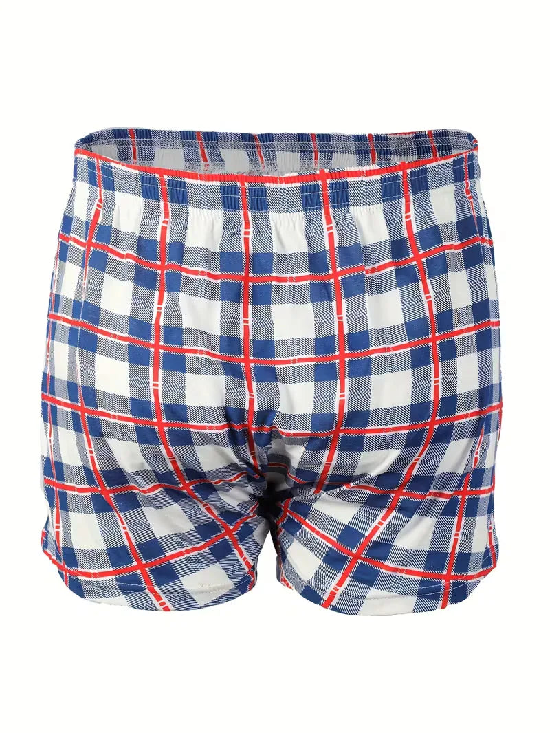 Heren nachtmode: rood-blauwe boxershort. Zacht, comfortabel en met elastische tailleband.