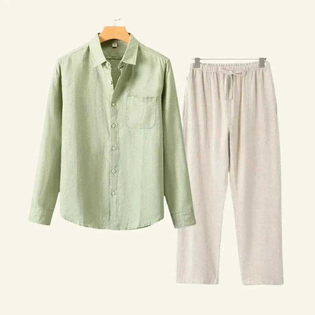Veelzijdige heren broek & blouse set, geschikt voor lente, zomer & herfst mode.