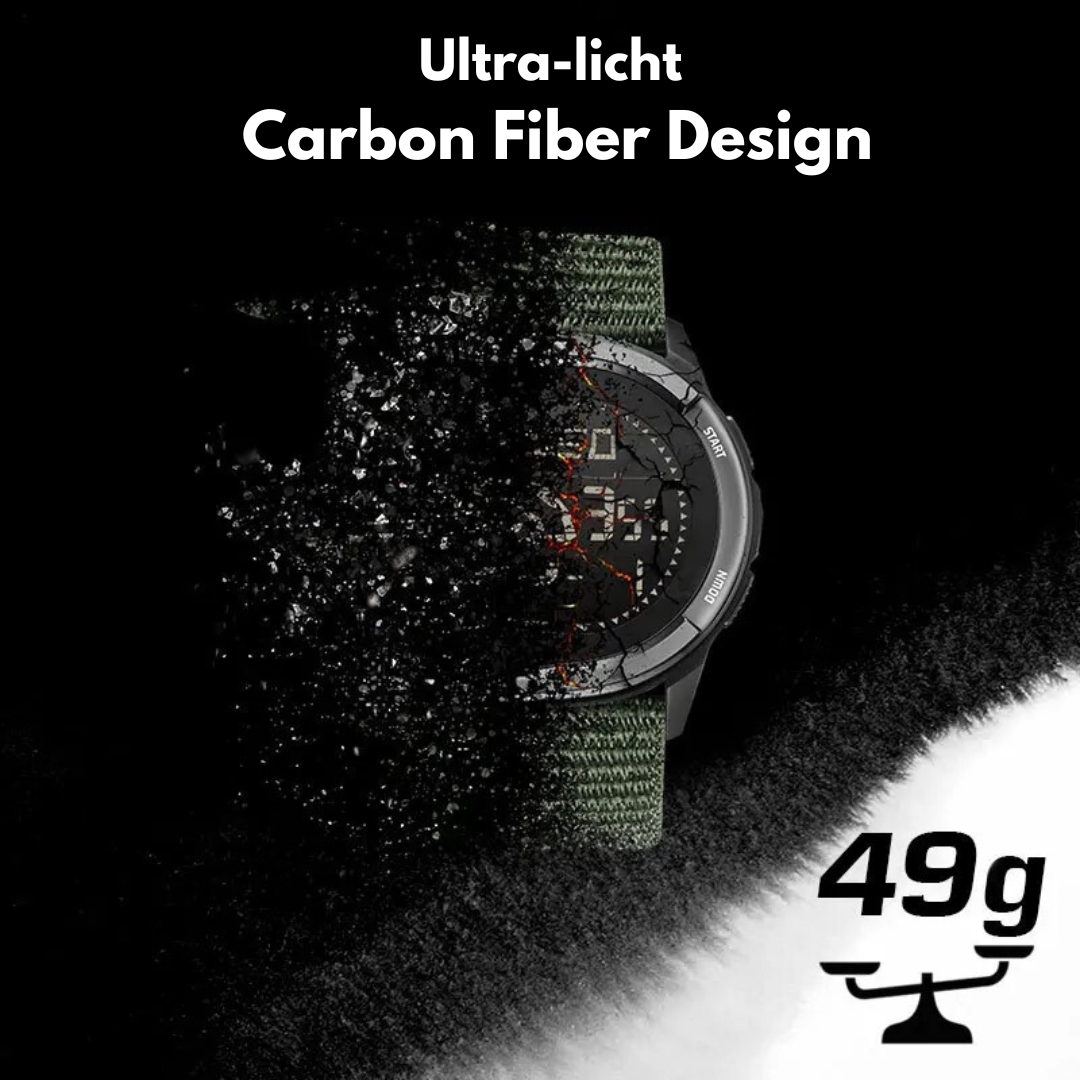 Lichtgewicht heren carbon fiber sporthorloge met ingebouwde fitness tracker en kompas. Waterdicht.