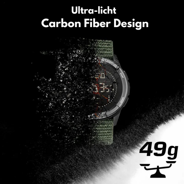Lichtgewicht heren carbon fiber sporthorloge met ingebouwde fitness tracker en kompas. Waterdicht.