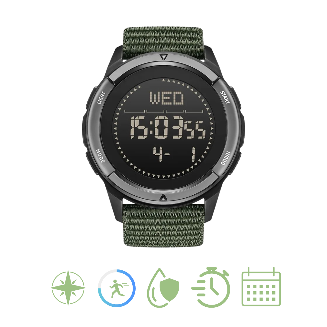 Hypoallergeen heren outdoor horloge van carbon fiber. Lichtgewicht, comfortabel en robuust voor actieve levensstijl.