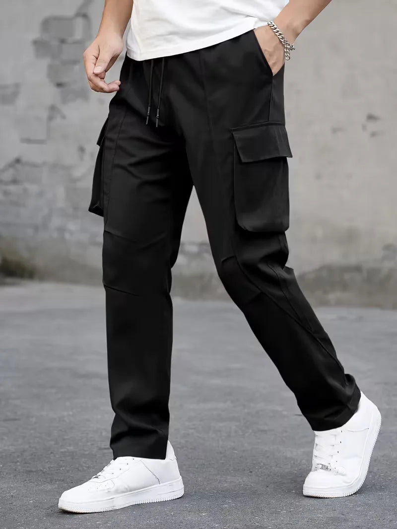 Casual heren cargobroek, rechte pijp, elastische taille, veelzijdig voor lente en herfst.