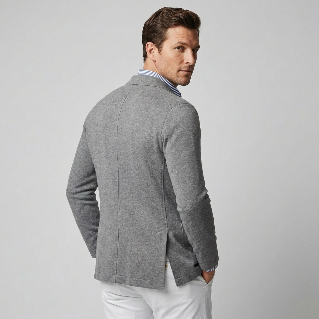 Detailopname van een klepzak op een herenblazer, benadrukt de afwerking. Geschikt voor zakelijke kleding.