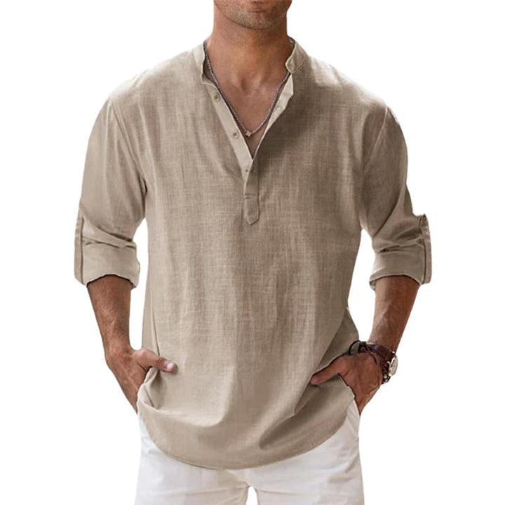 Heren casual Henley shirt lange mouwen van katoen, perfect voor lente en zomer, ademend strandshirt.