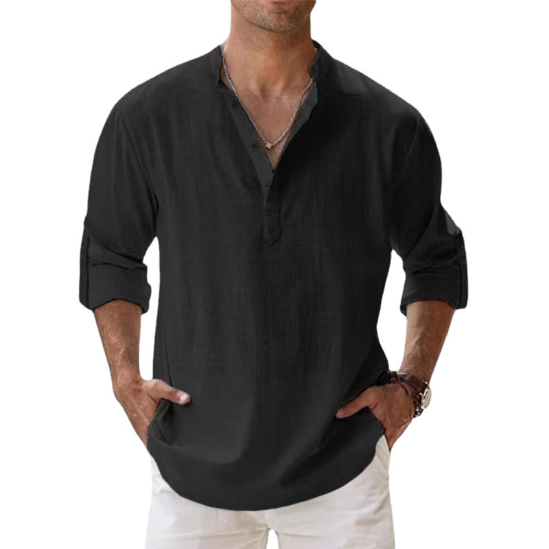 Wit katoenen heren Henley shirt met lange mouwen, ideaal voor de zomer, casual herenmode.