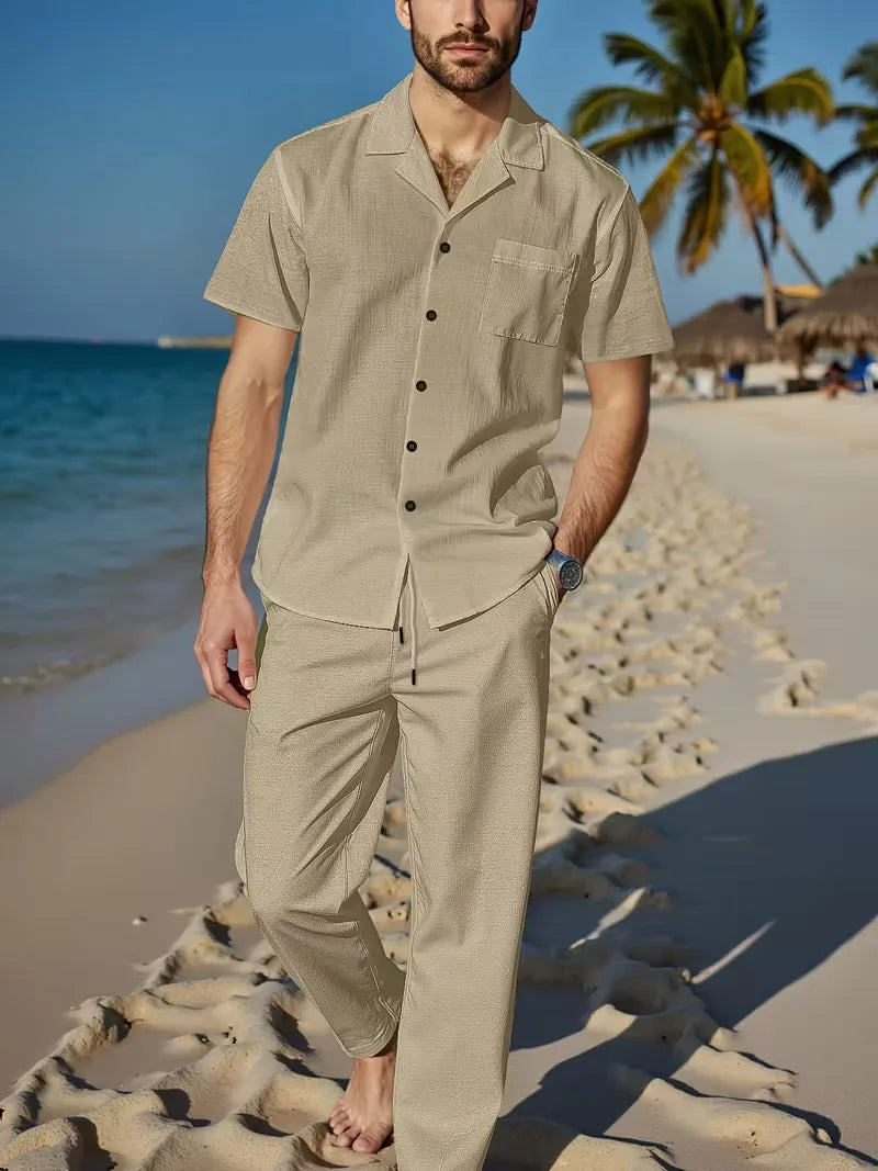 Essentiële heren strandkleding: casual korte mouw V-hals overhemd set voor de zomer.