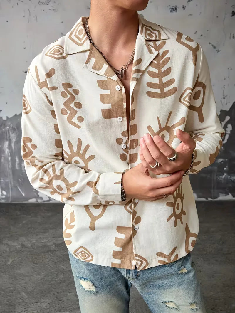 Lichtgewicht herenoverhemd met unieke abstracte print, lange mouwen, comfortabel voor herenmode.