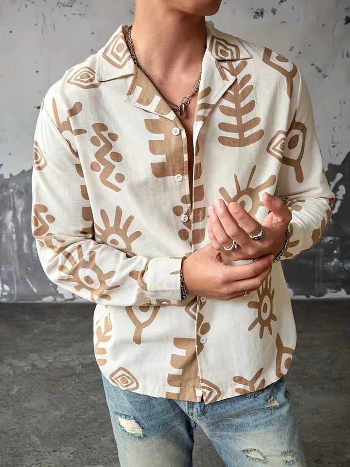 Lichtgewicht herenoverhemd met unieke abstracte print, lange mouwen, comfortabel voor herenmode.