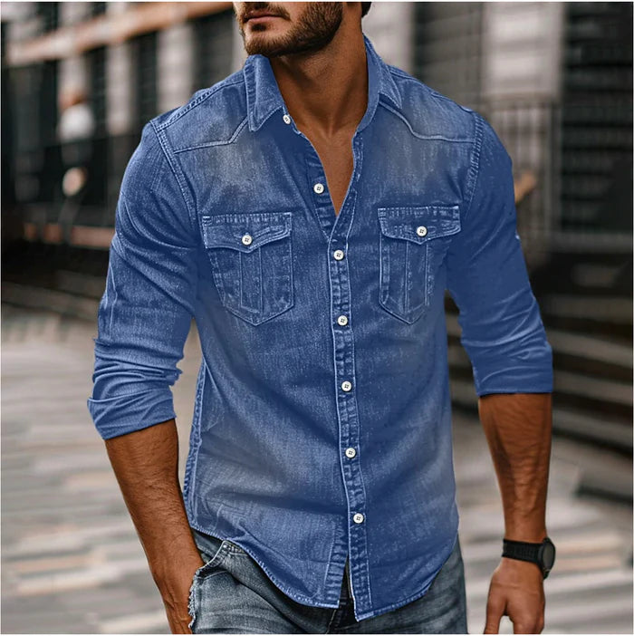 Stijlvol heren denim overhemd, slim fit, met authentieke western details; perfect voor vrijetijdskleding.