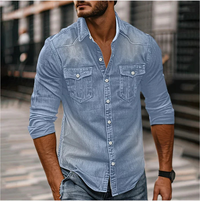Blauwe heren spijkerblouse slim fit van duurzaam denim, met karakteristieke western stijl, voor herenmode.