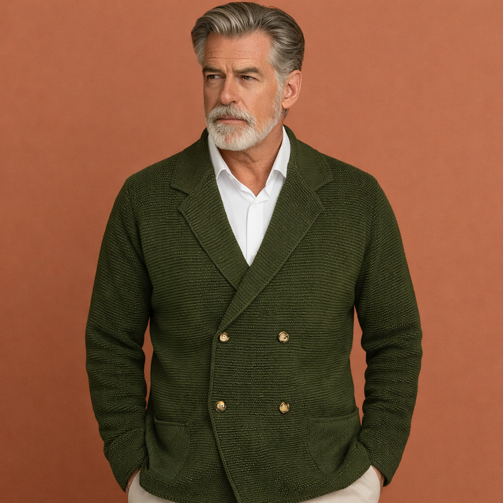 Stijlvol herenblazer vest met dubbele knoopsluiting. Perfect voor zakelijk casual of vrije tijd.