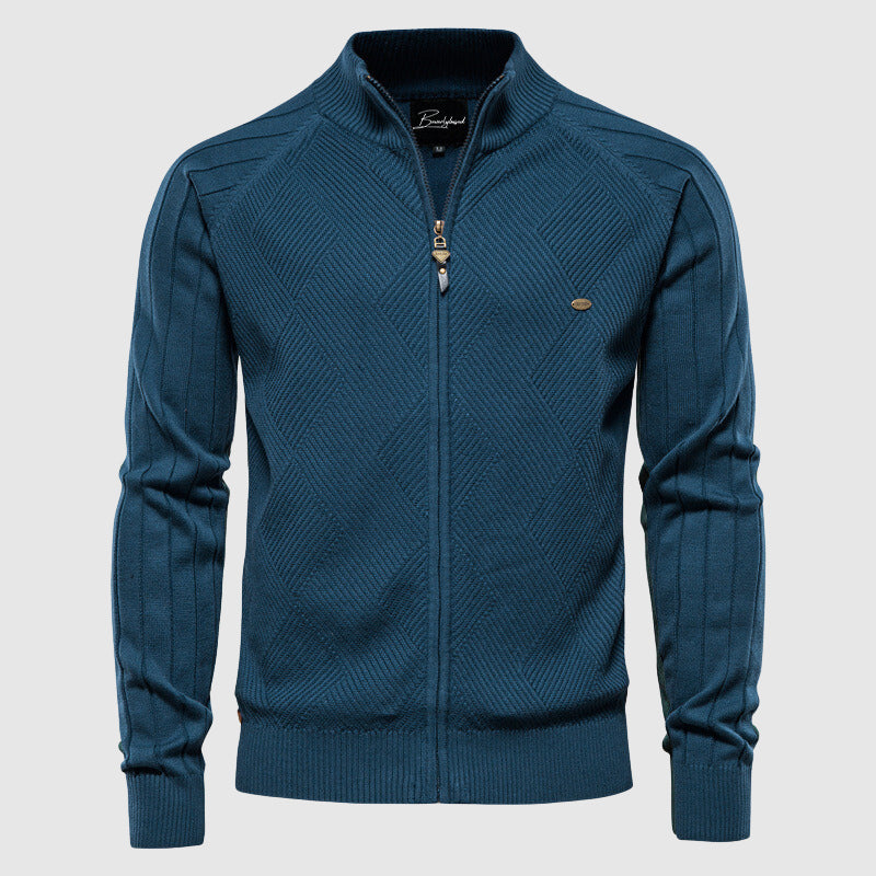Close-up van het argyle patroon op een heren katoenmix vest met ritssluiting for comfort