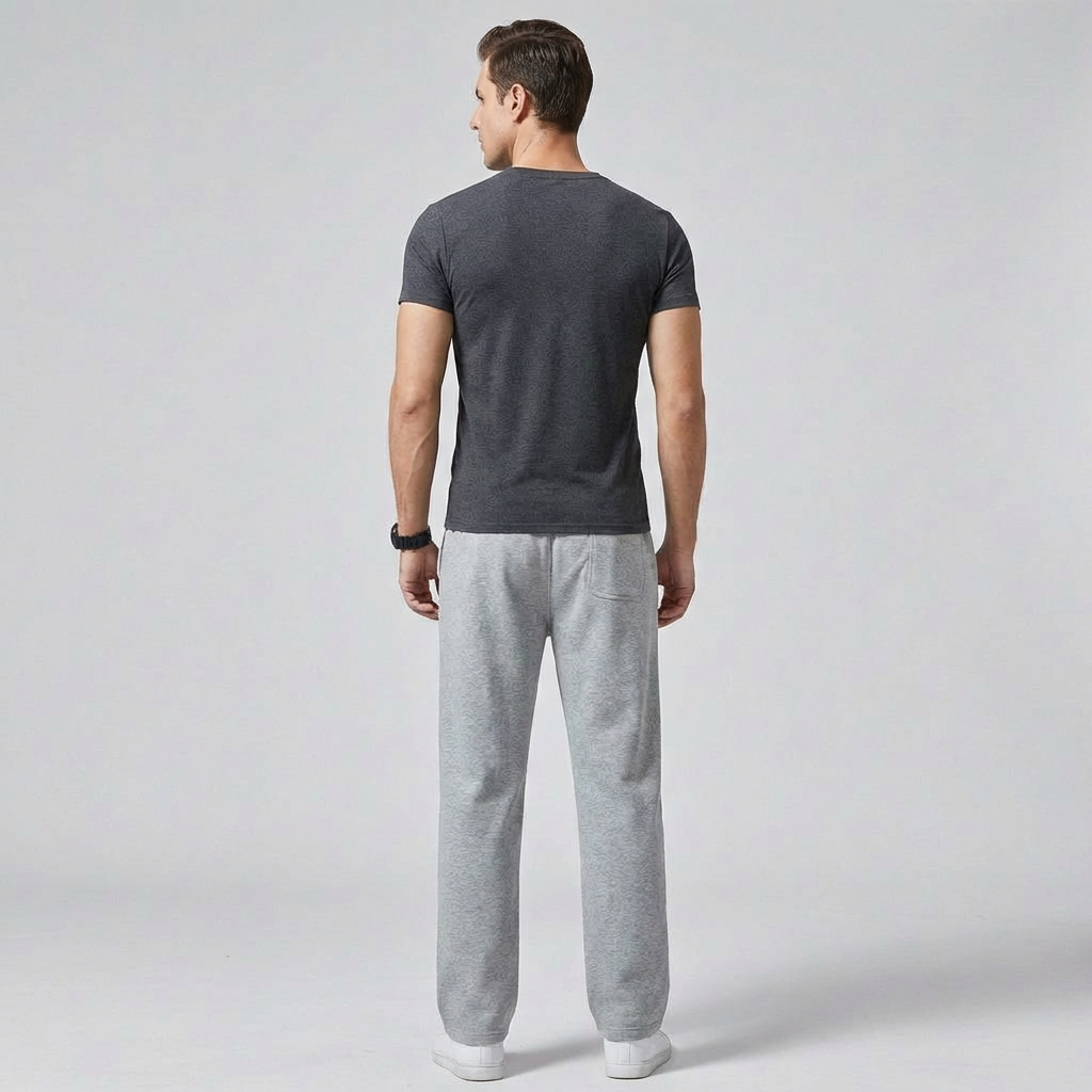 Close-up van de polyester stof van de heren joggingbroek, toont textuur en comfort