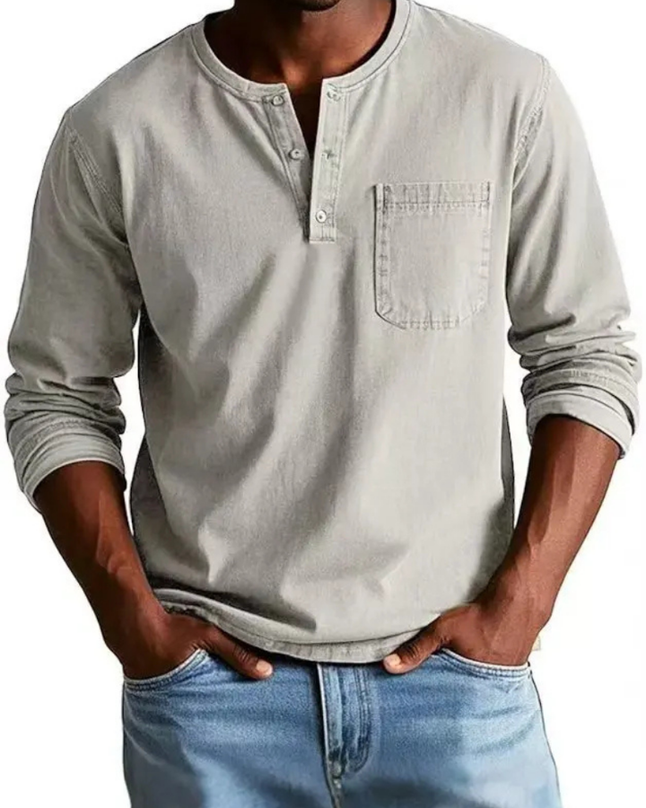Comfortabel heren denim overhemd met henley kraag en knoopsluiting. Perfect voor een tijdloze look.