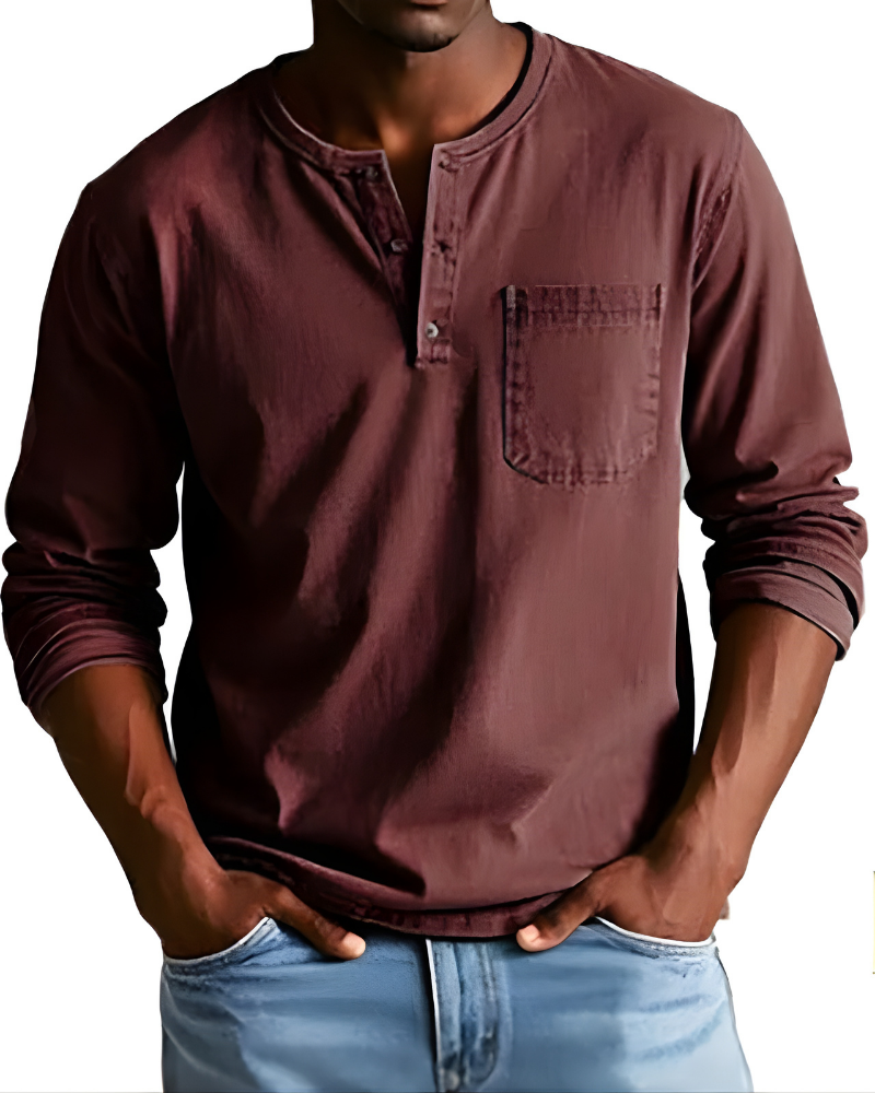 Casual longsleeve heren denim shirt, voorzien van een borstzak en henley hals voor dagelijks gebruik.