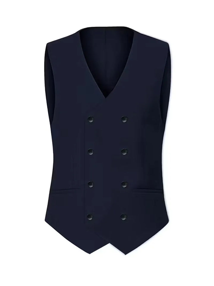 Man zittend in een comfortabel slim fit driedelig herenpak, perfect voor zakelijke meetings.