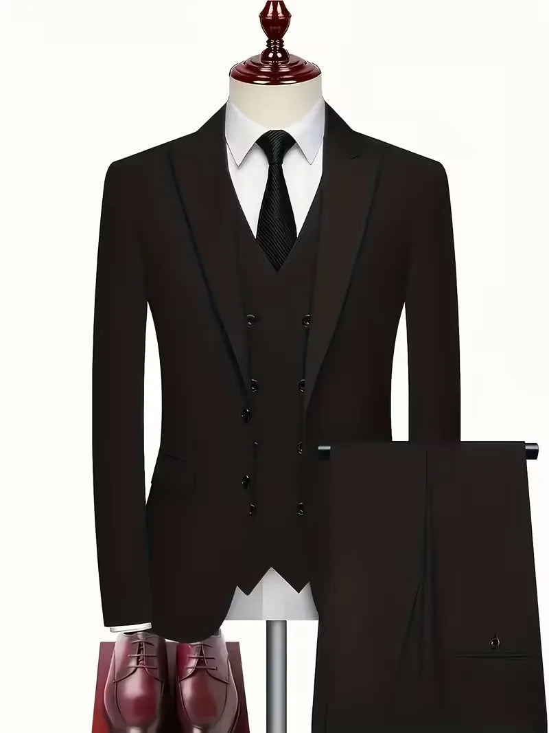 Stijlvol herenpak: slim fit colbert, gilet en pantalon. Perfect voor bruiloft, zakelijk.