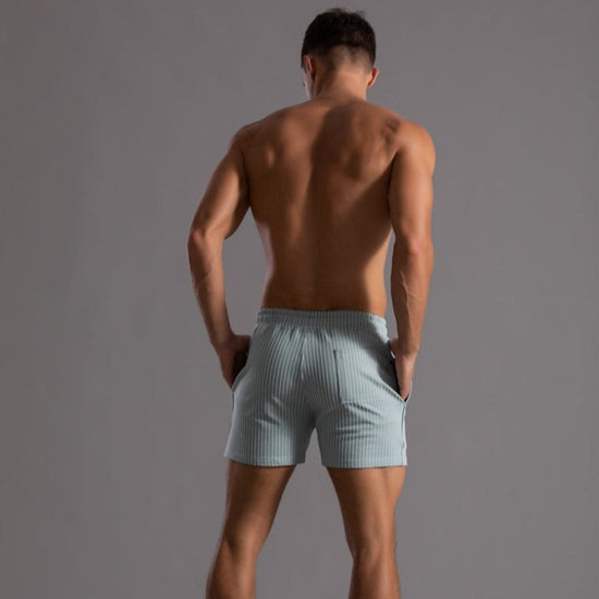 Detail van de superstretch stof van deze heren sportshorts.