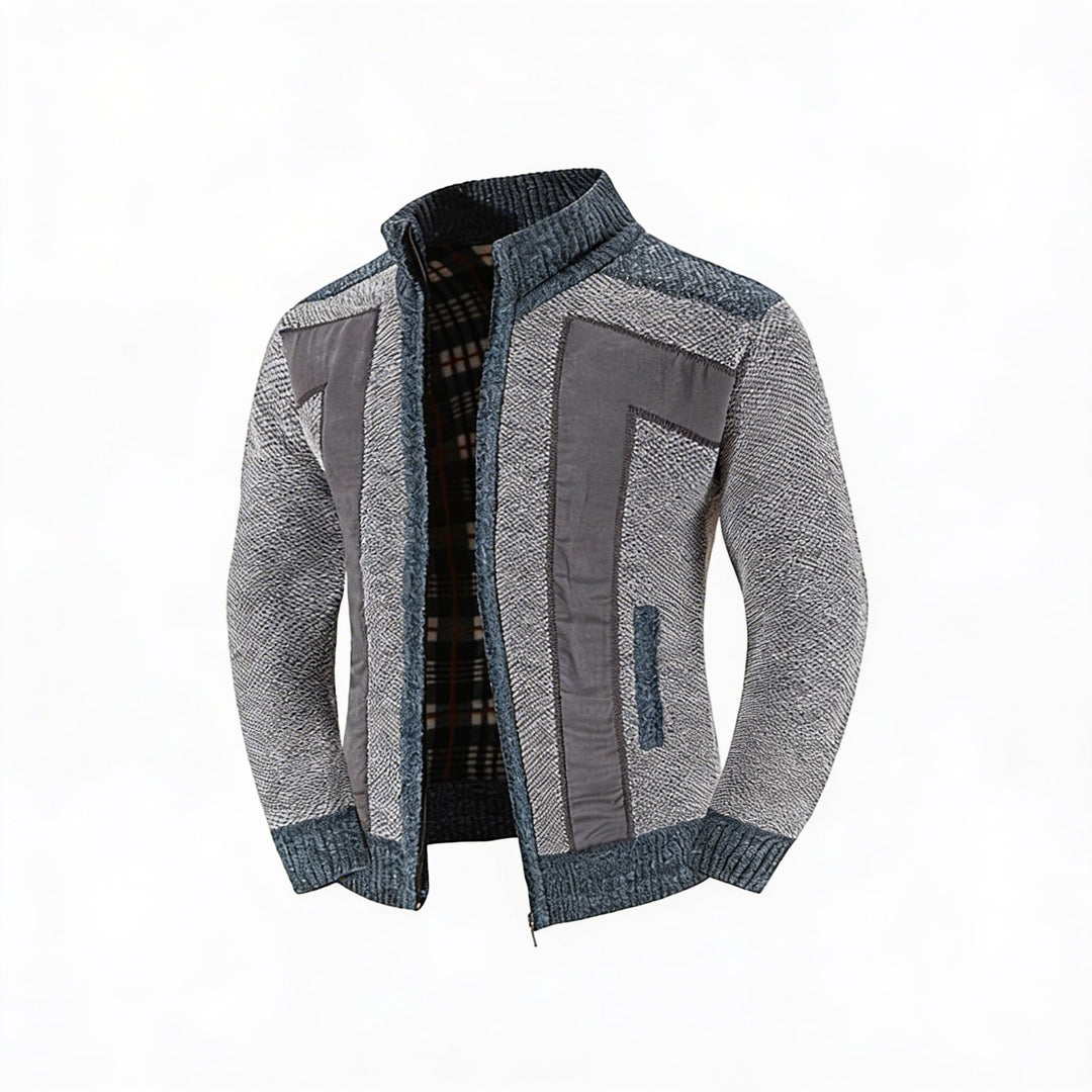 Heren gebreid vest met rits, stijlvol patchwork design, ideaal voor casual wintermode.