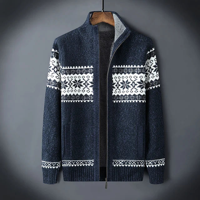 Stijlvol heren ritsvest met Scandinavisch jacquard winterpatroon en comfortabele hoge kraag.