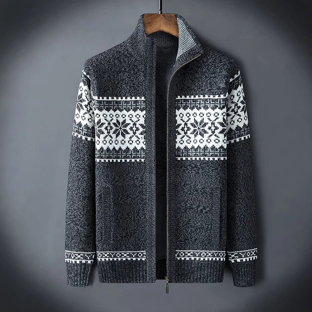 Comfortabel heren ritsvest in jacquard breisel met winterthema patroon en opstaande kraag; stijlvolle bovenkleding.