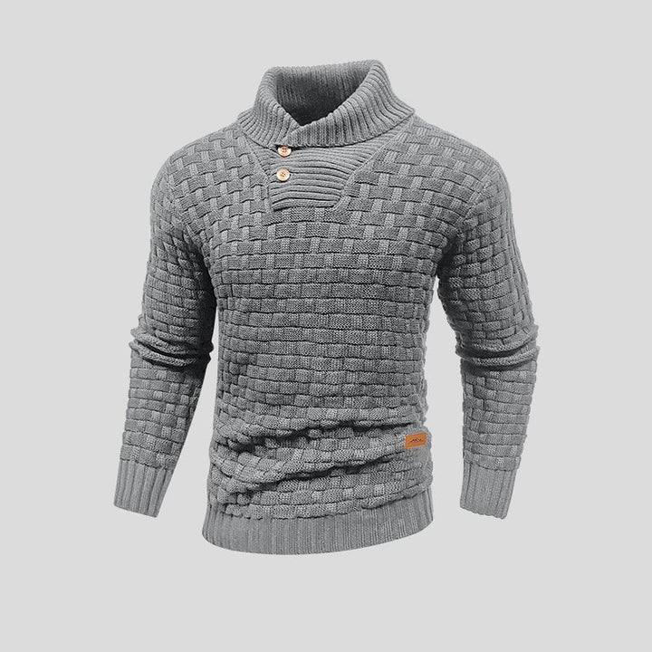 Moderne heren trui, fijn gebreid, met decoratieve knopen aan de hals. Geschikt voor een modieuze herfst-outfit.