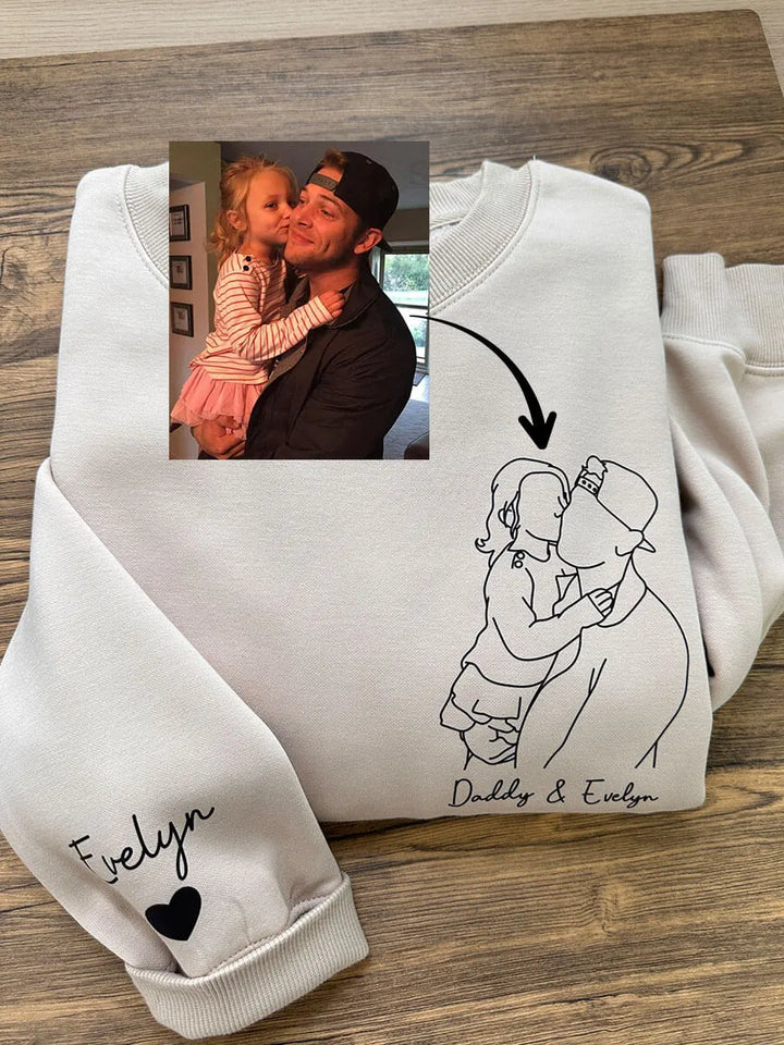 Heren gepersonaliseerde hoodie met geborduurde lijnkunst van foto, ideaal cadeau voor papa of Vaderdag.
