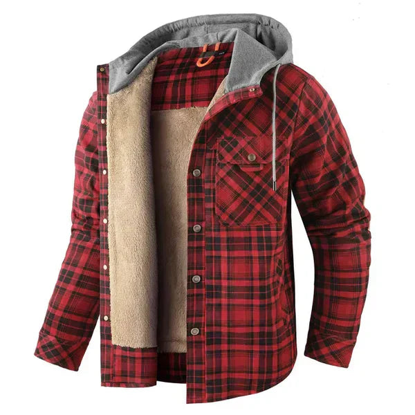 Heren geruit overshirt met capuchon, rood/zwart ruitpatroon voor casual herfst/winter look.