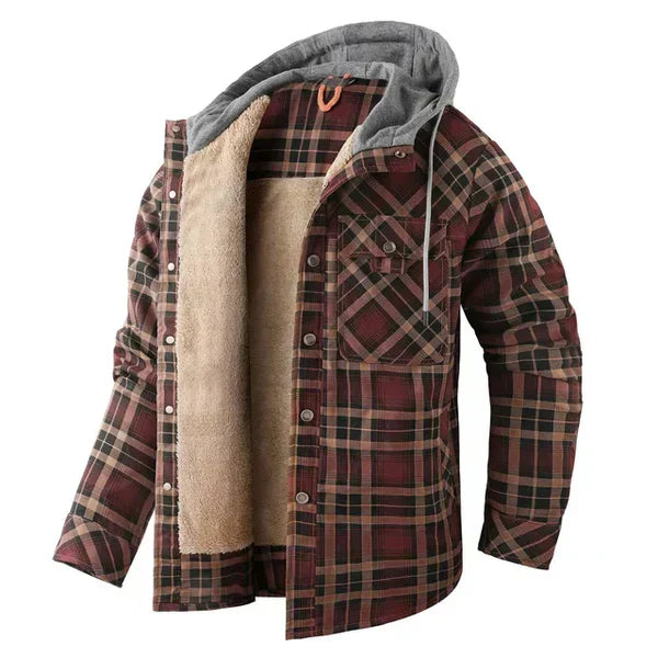 Heren geruit overhemd/overshirt met capuchon in een bosrijke omgeving, perfect voor buiten.