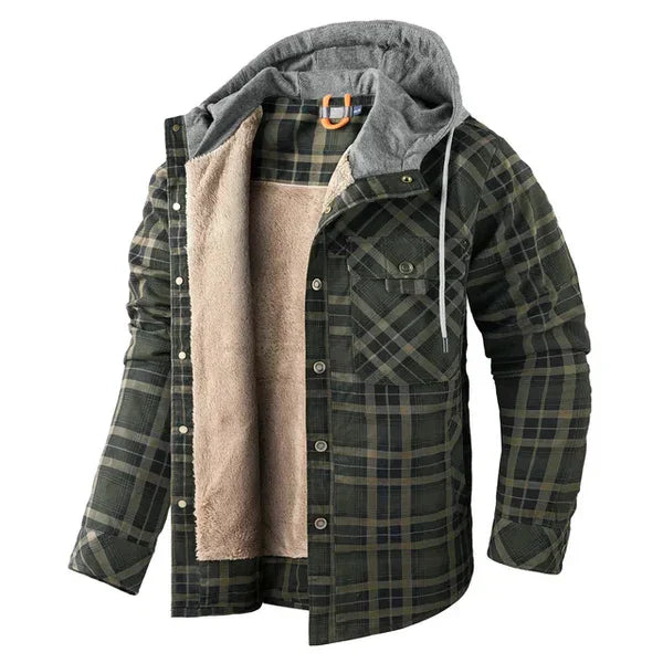 Geruit overshirt met capuchon van Meav, gecombineerd met jeans voor een casual herfstoutfit.