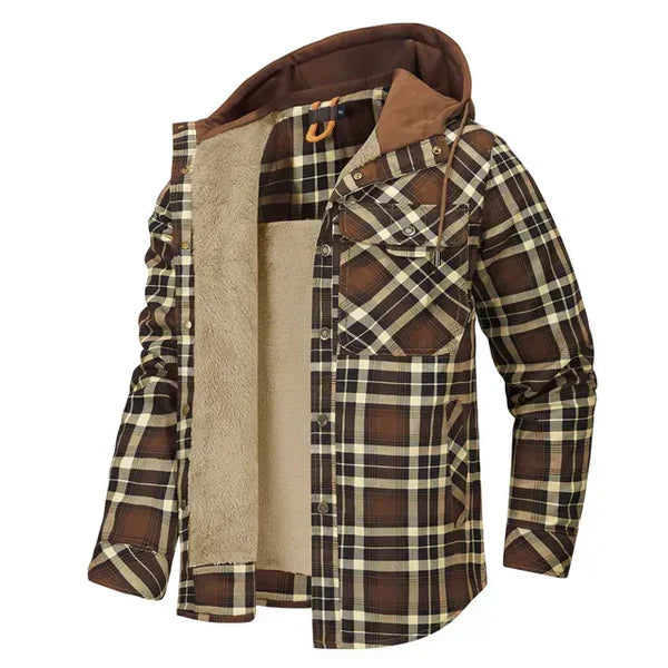 Platliggend geruit heren overshirt met capuchon, toont de textuur en knoopdetails.
