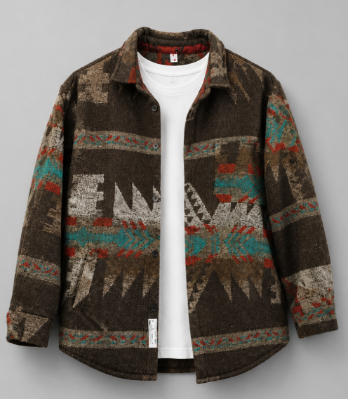 Trendy heren overshirt met geruit patroon en etnische print. Comfortabele losse pasvorm voor casual herfstkleding.