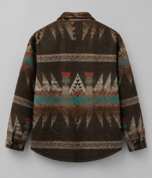 Comfortabel retro heren overshirt met geruite en etnische print. Perfect voor de winter en herfst, losse pasvorm.