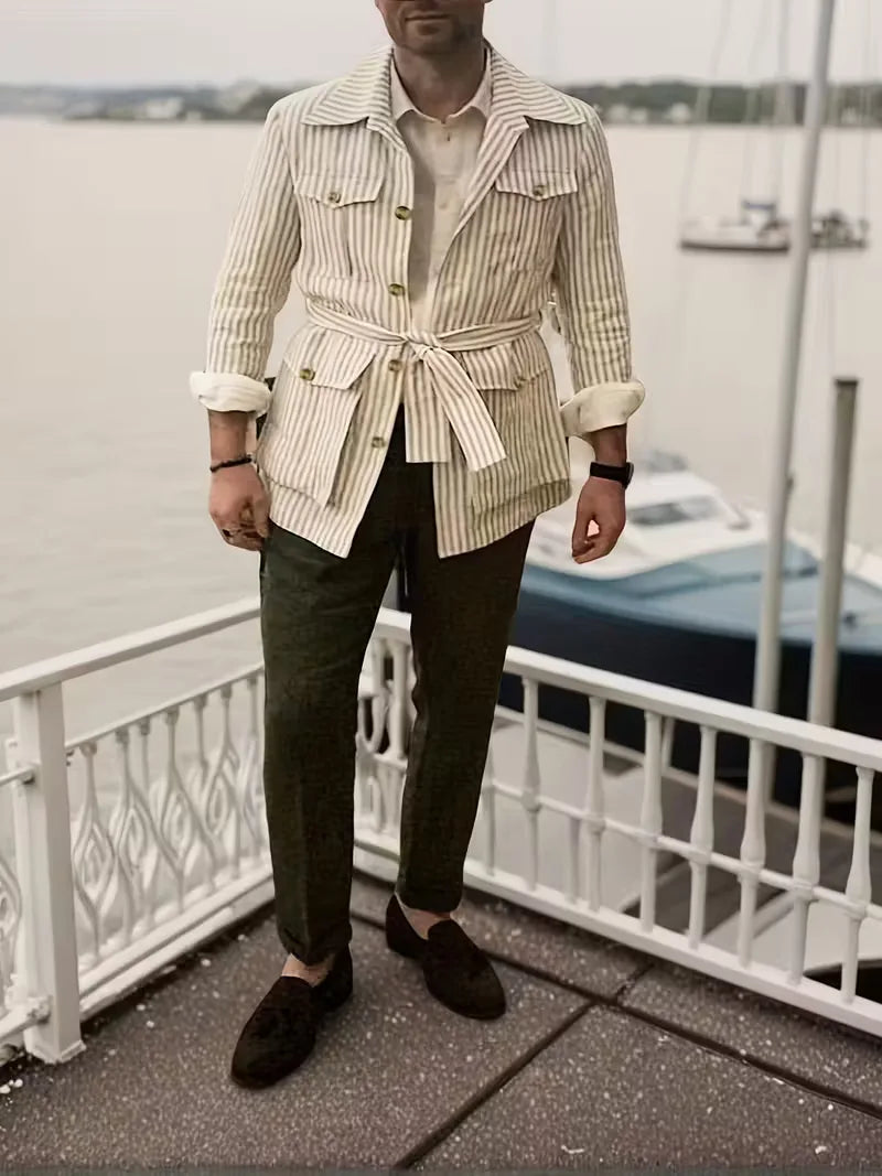 Heren casual overhemd: gestreept patroon, V-hals, lange mouwen en slim fit voor elke gelegenheid.