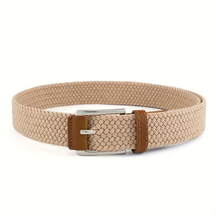 Gevlochten herenriem van duurzaam nylon en leer, met stevige zinklegering gesp; perfect casual accessoire.