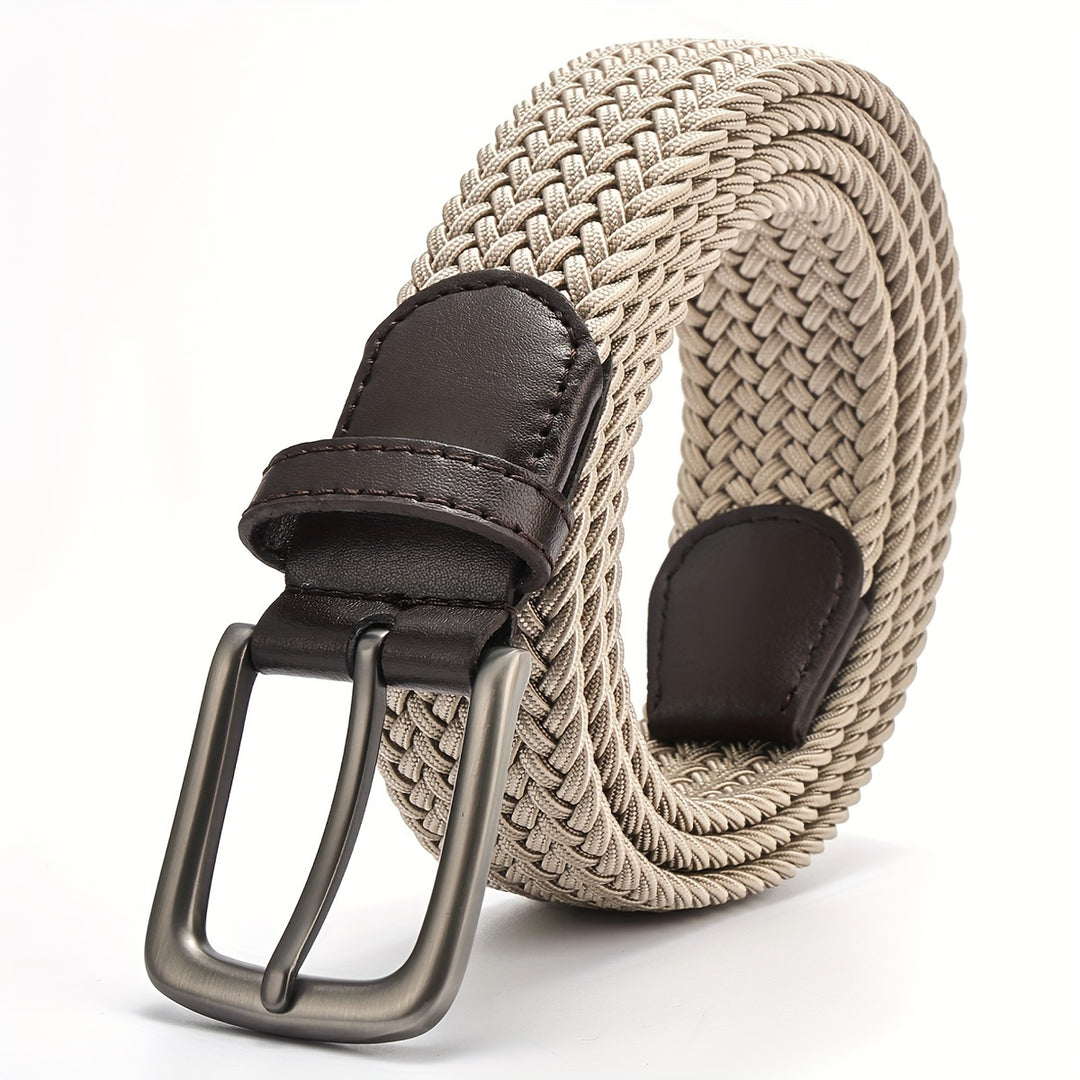 Moderne heren gevlochten stretch riem met vierkante gesp, perfect voor golf of vrijetijdskleding.