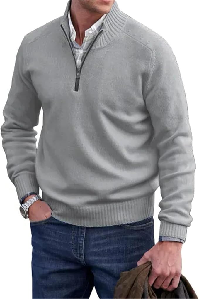 "Heren half-zip gebreide trui, fijngebreid, ribkraag, ritssluiting, stijlvol, geschikt voor formeel en casual gebruik."