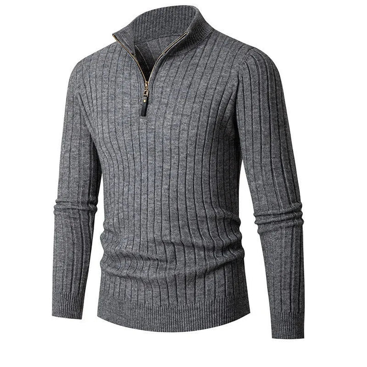 Mannenmode: ribgebreide half-zip sweater, comfortabel en smartcasual voor de herfst.