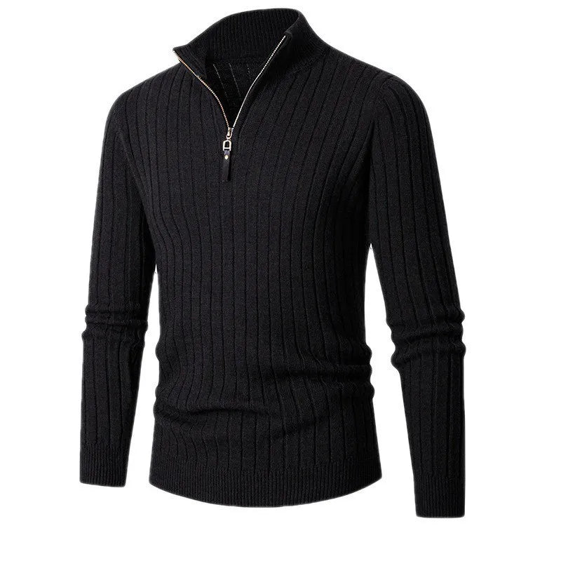 Warme herensweater half-zip, ribgebreid voor wintermode. Comfort en stijl gecombineerd.