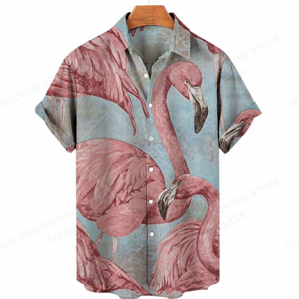 Heren Hawaiiaans overhemd met levendige 3D flamingo print, perfect voor zomerse dagen.