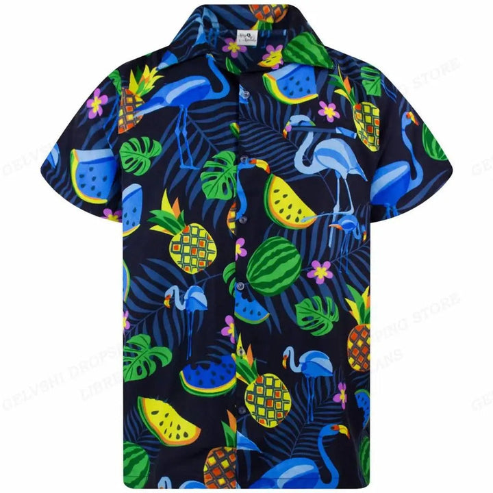 Sneldrogend heren overhemd met opvallende 3D flamingo print, perfect voor vakantie.