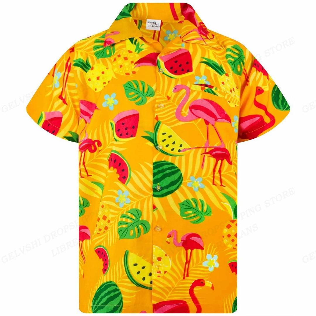 Trendy heren overhemd met korte mouwen en een speelse 3D flamingo print, zomerse stijl.