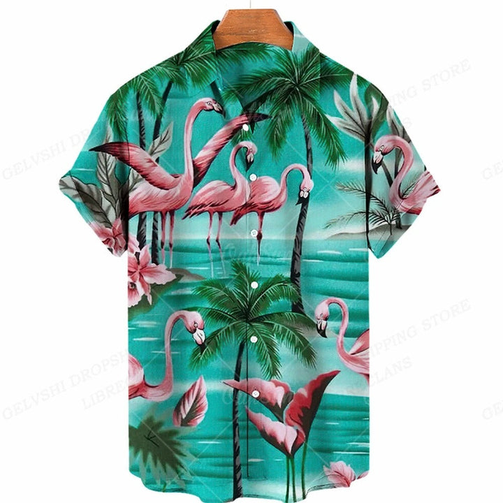 Stijlvol heren overhemd met korte mouwen en opvallende tropische flamingo print, ideaal strandshirt.