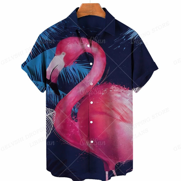 Zomers heren overhemd: fris blauw met opvallende roze 3D flamingo print, korte mouwen.