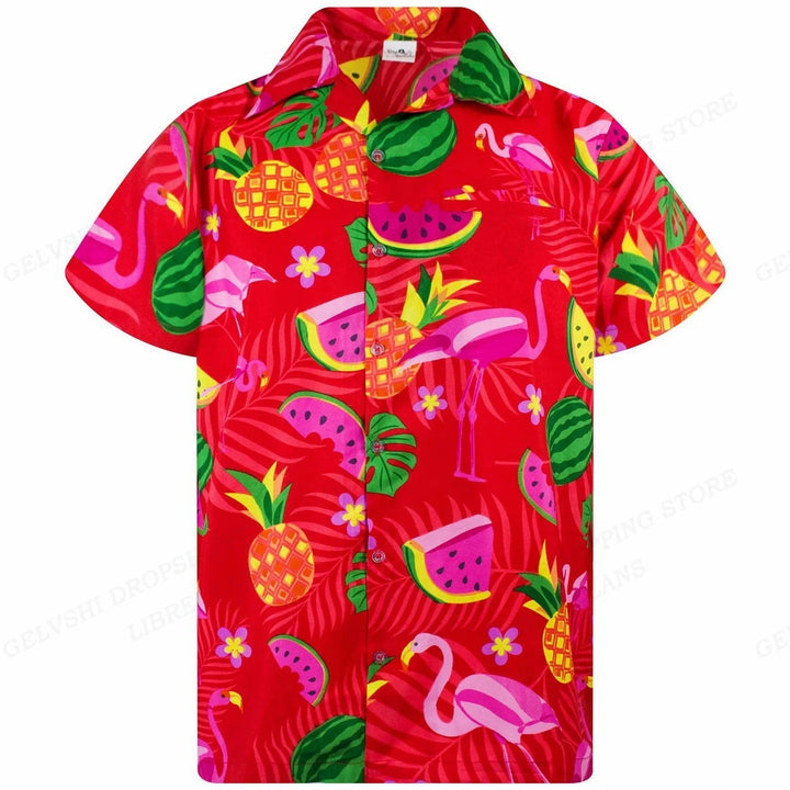 Herenmode: Tropisch overhemd met unieke 3D flamingo print, perfect als strandshirt.