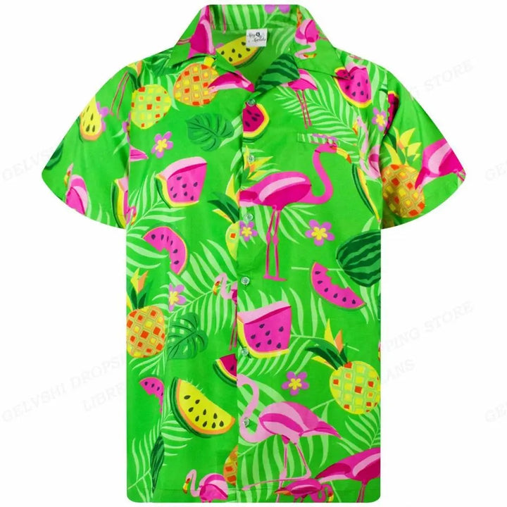Levendig heren overhemd met 3D flamingo design, een must-have voor uw zomer garderobe.