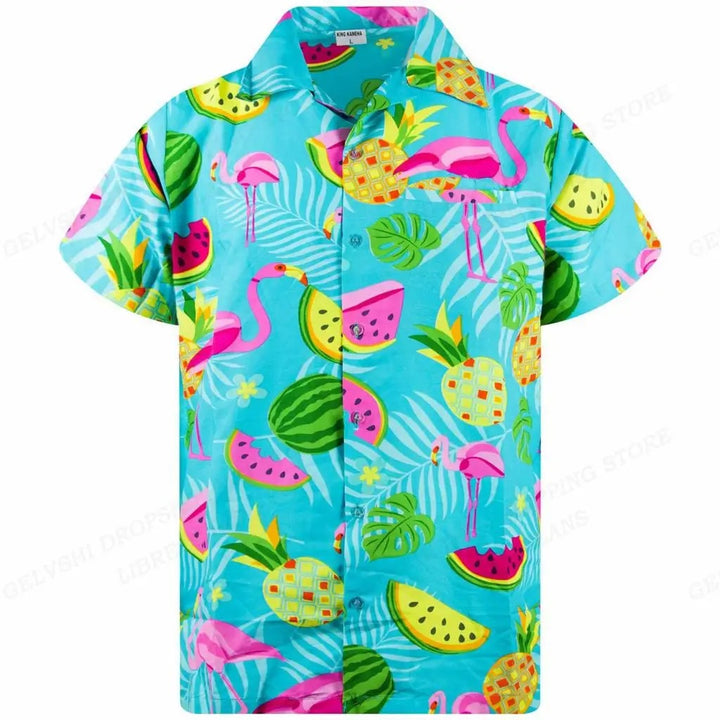 Modern heren Hawaii overhemd met gedrukte flamingo's, casual en comfortabel voor heren.