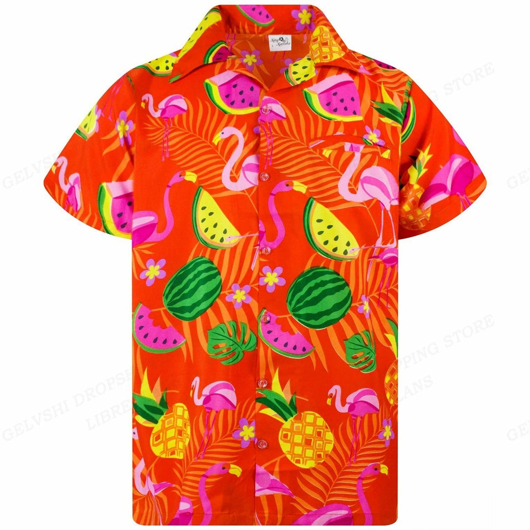 Kleurrijk heren overhemd met levendige 3D flamingo's, ideaal voor een tropische look.