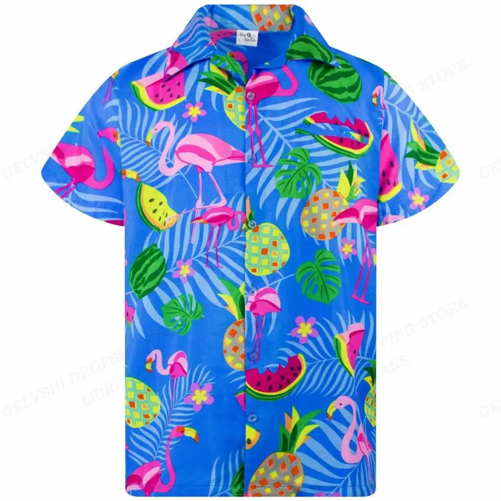 Heren strandshirt: luchtig Hawaii overhemd met gedetailleerde 3D flamingo print.